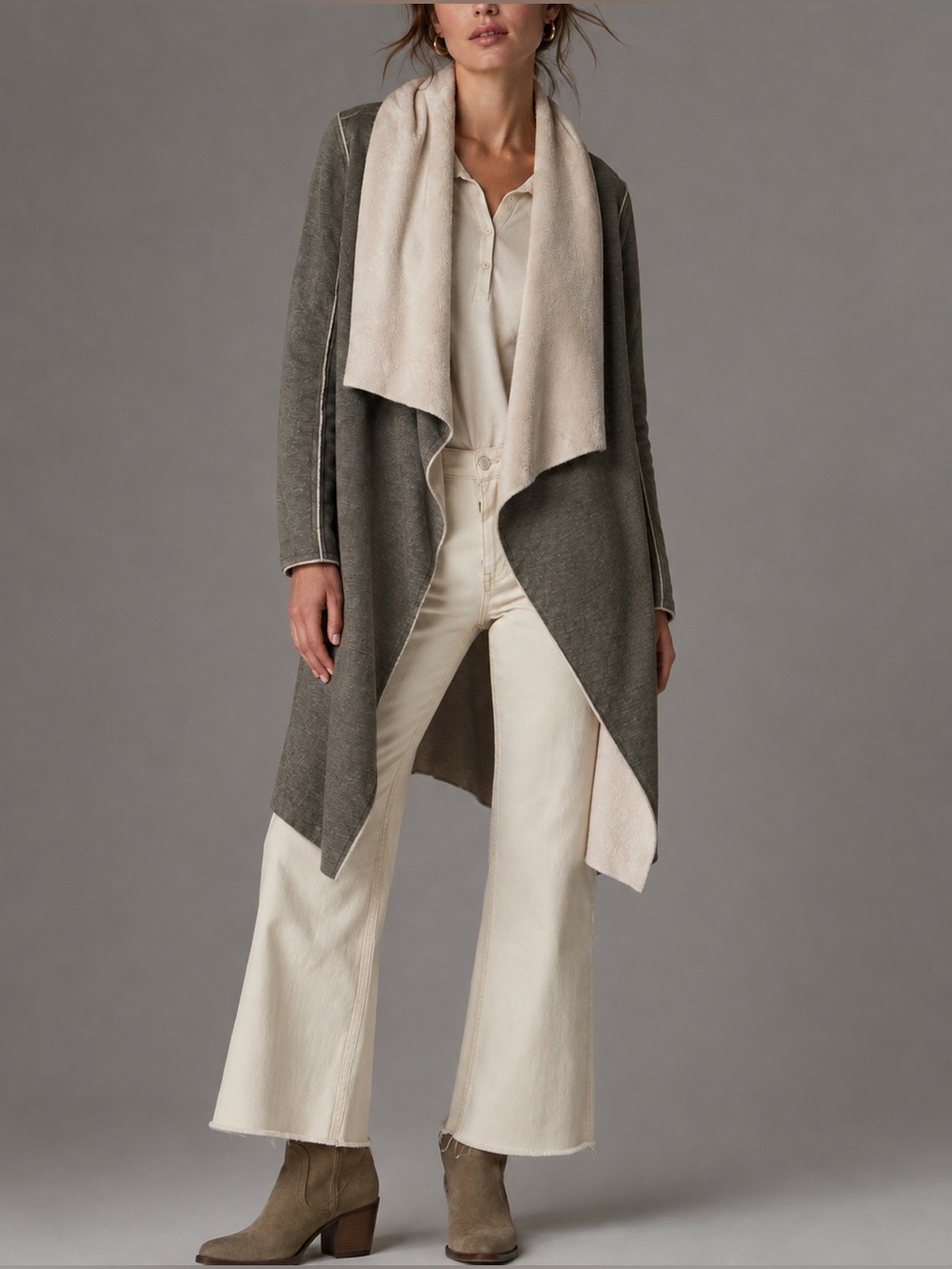 Anthropologie Amadi Camilla Sueded Sherpa Duster Longline Jacket M Gray Boho